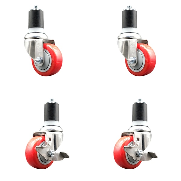 Service Caster 3 Inch 316SS Red Poly Swivel 1-3/4 Inch Expanding Stem Caster Brake SCC, 2PK SS316EX20S314-PPUB-RED-2-TLB-2-134 - main